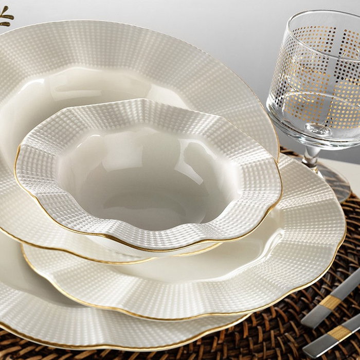 Hermia MLN24Y2694R520 Vajilla de Porcelana 24 Piezas Crema y Dorado Apta para Microondas